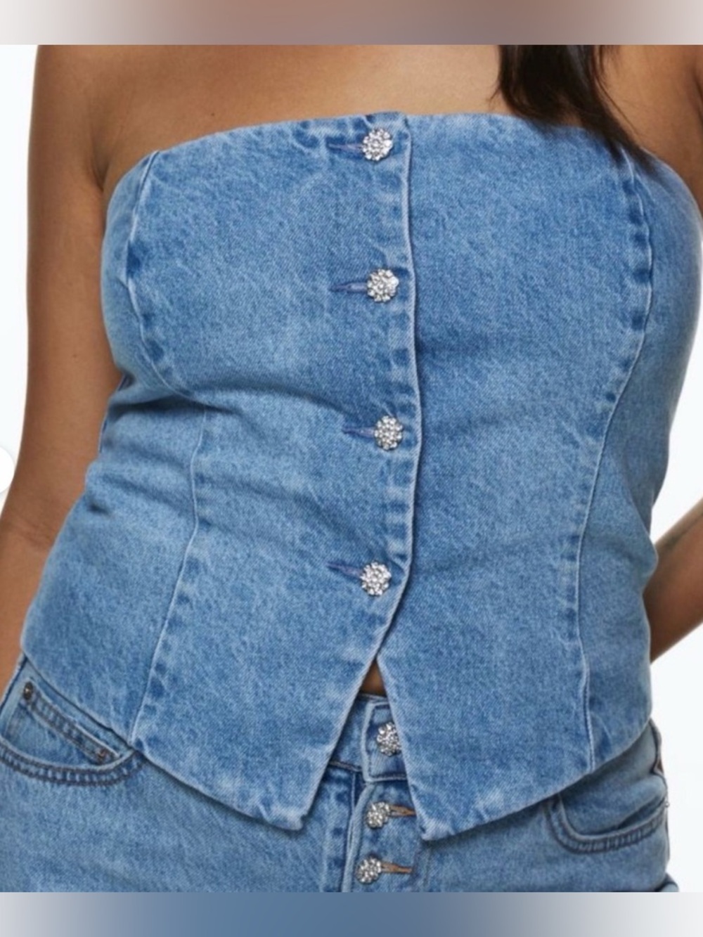 H&M Light Blue Denim Strapless Corset Top or Bustier, Rhinestone Buttons